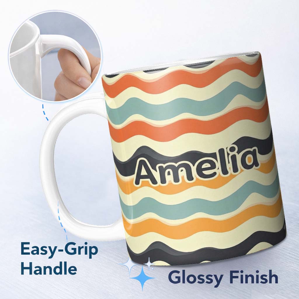 Personalized Custom Name Soft Gradient Wave Lines Pattern Seamless Name Cute Unique Gift 11oz Ceramic Coffee Tea Mug White Large Handle