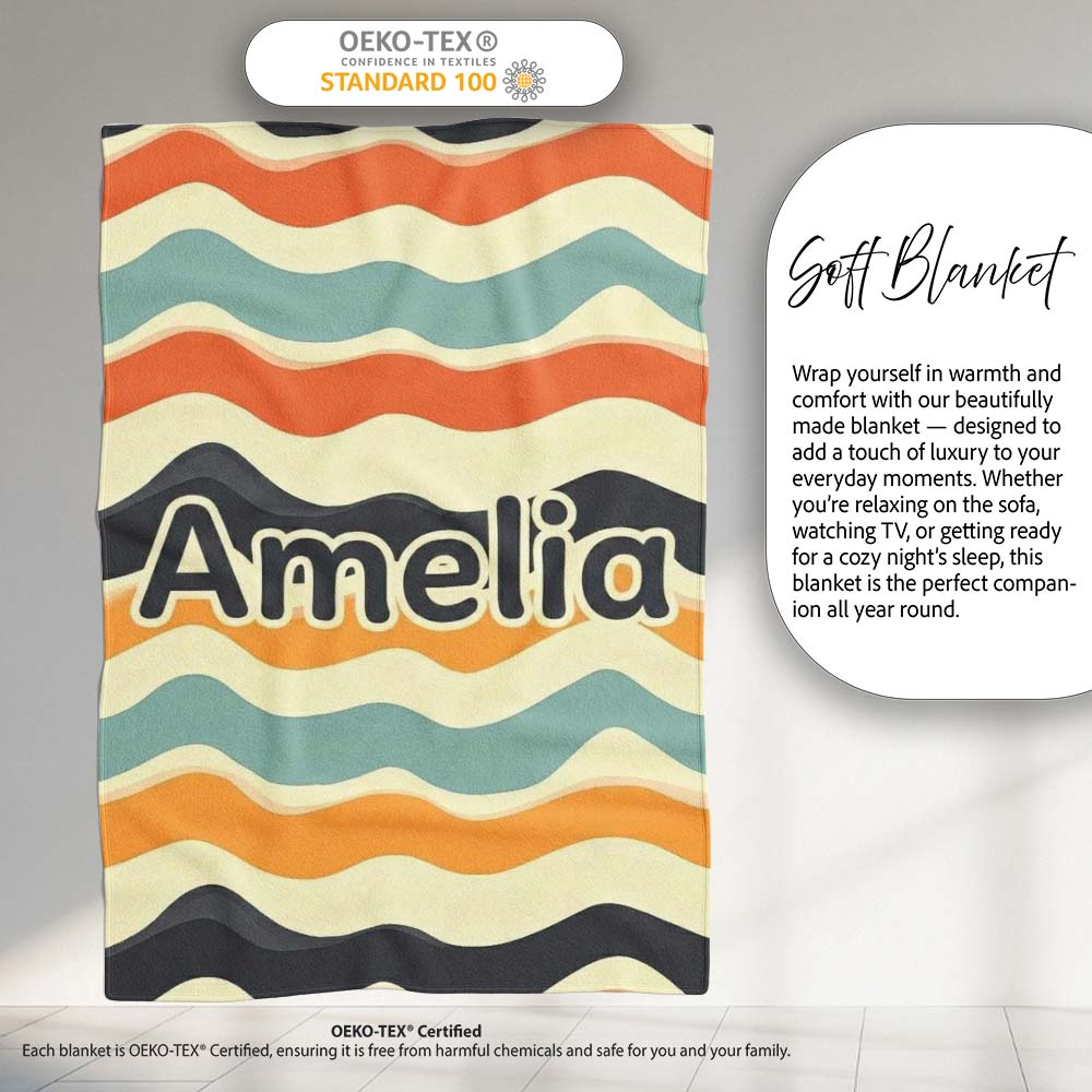 Soft Gradient Wave Lines Pattern Seamless Name Cute Unique Gift Personalised Custom Name Super Soft Fleece Blanket Bed Sofa Throw
