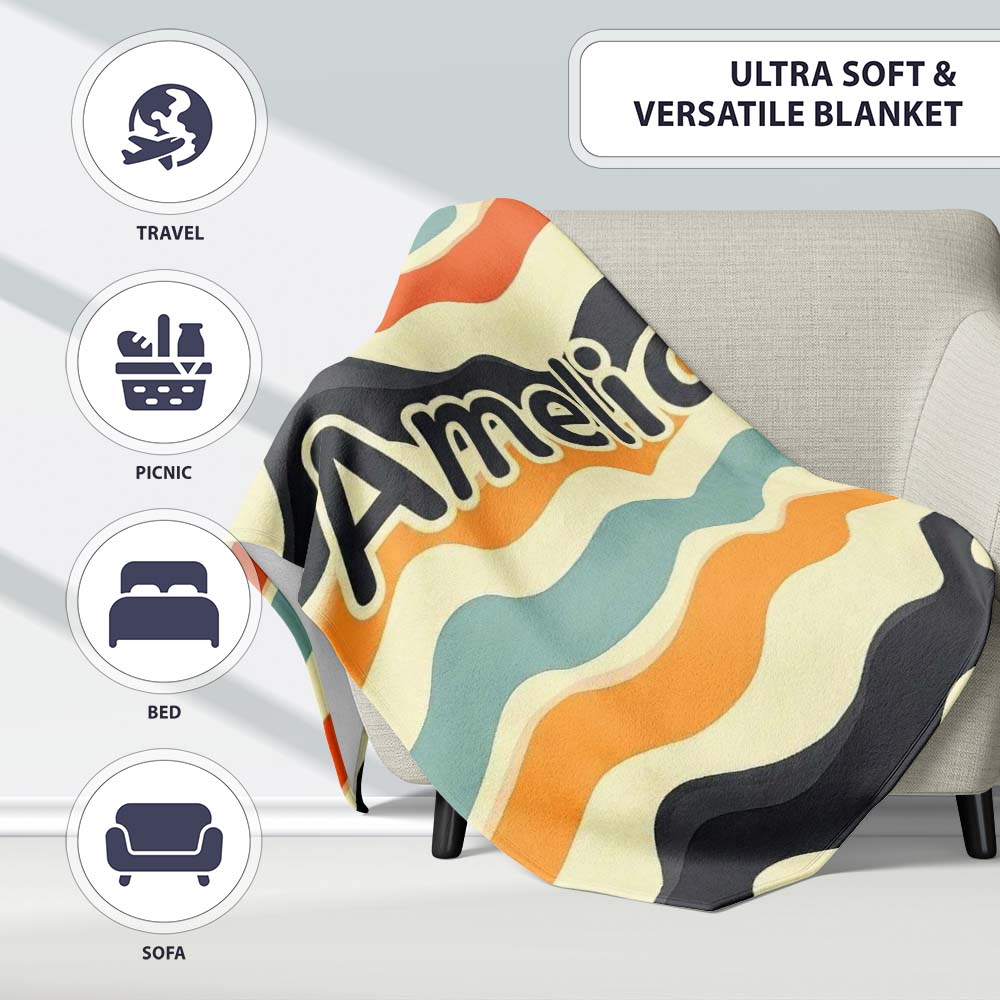 Soft Gradient Wave Lines Pattern Seamless Name Cute Unique Gift Personalised Custom Name Super Soft Fleece Blanket Bed Sofa Throw