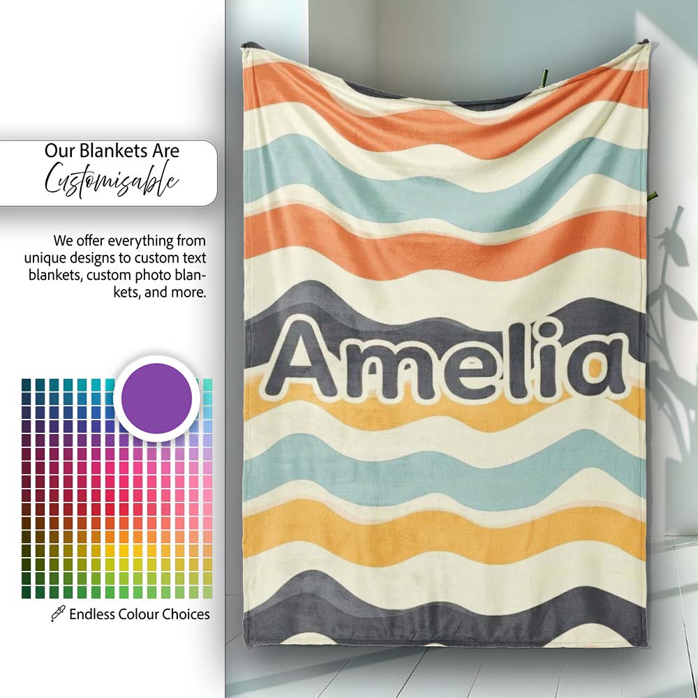 Soft Gradient Wave Lines Pattern Seamless Name Cute Unique Gift Personalised Custom Name Super Soft Fleece Blanket Bed Sofa Throw