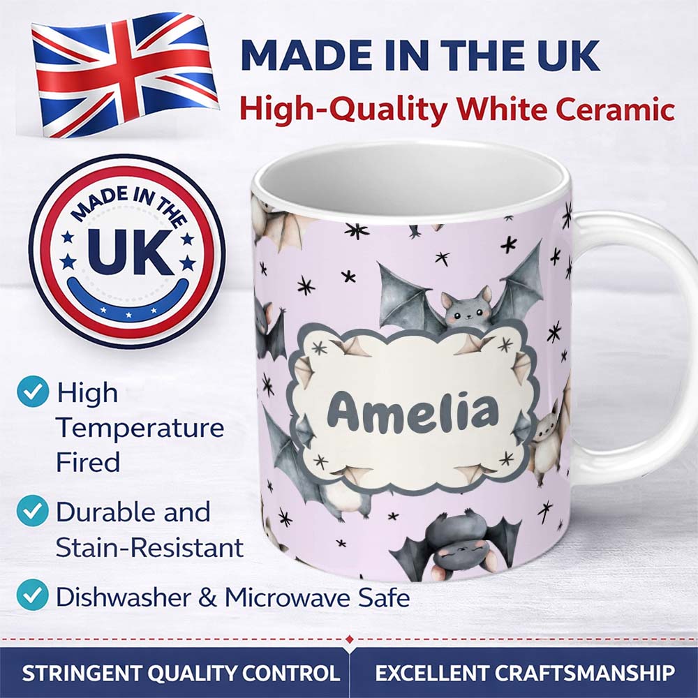 Personalized Custom Name Cute Baby Bats Flying with Stars Soft Lavender Background Seamless 11oz Ceramic Coffee Tea Mug White Large Handle