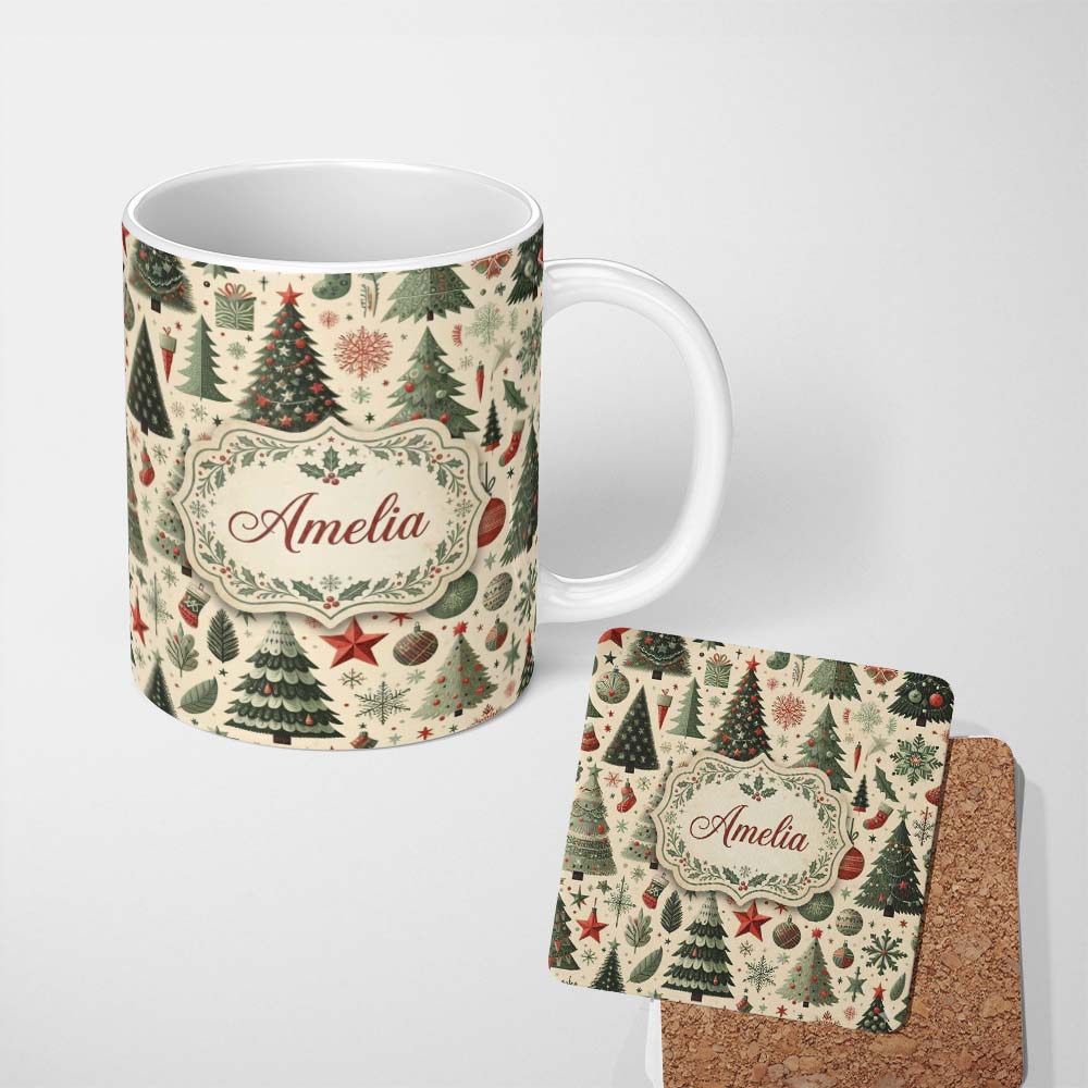 Personalized Custom Name Festive Christmas Trees Gifts Snowflakes and Ornaments Seamless 11oz Ceramic Coffee Tea Mug White Large Handle