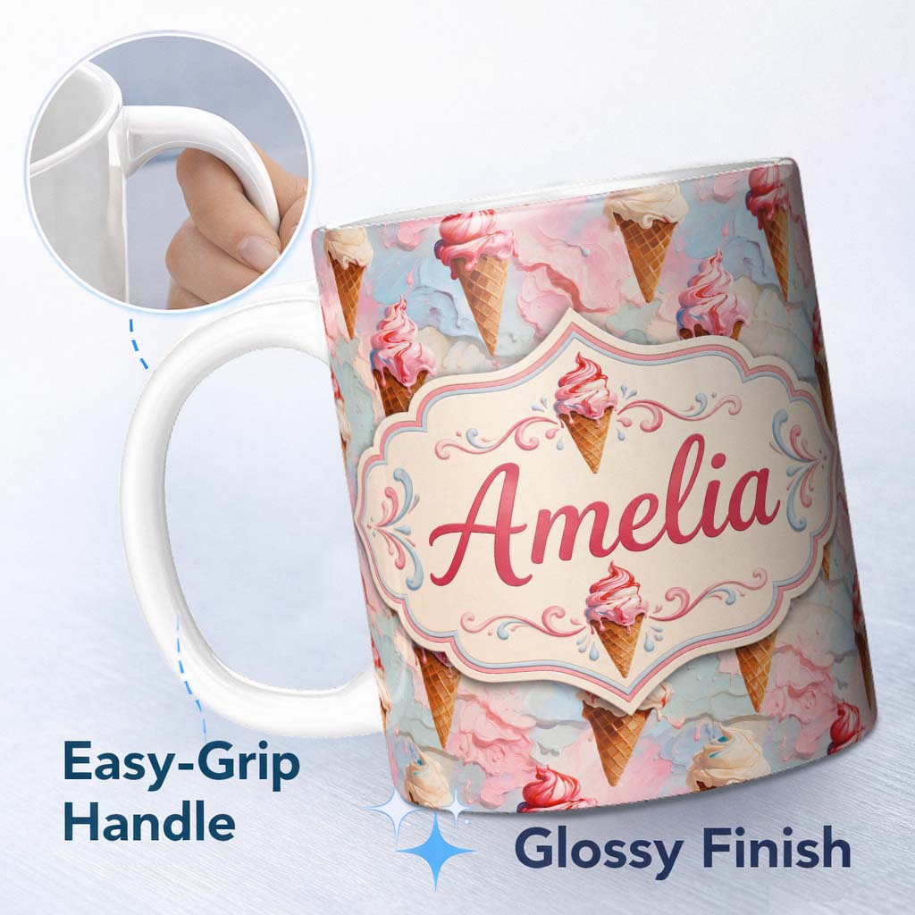 Personalized Custom Name Melted Ice Cream Drip Effect Pattern in Pink and Cream Artistic 11oz Ceramic Coffee Tea Mug White Large Handle