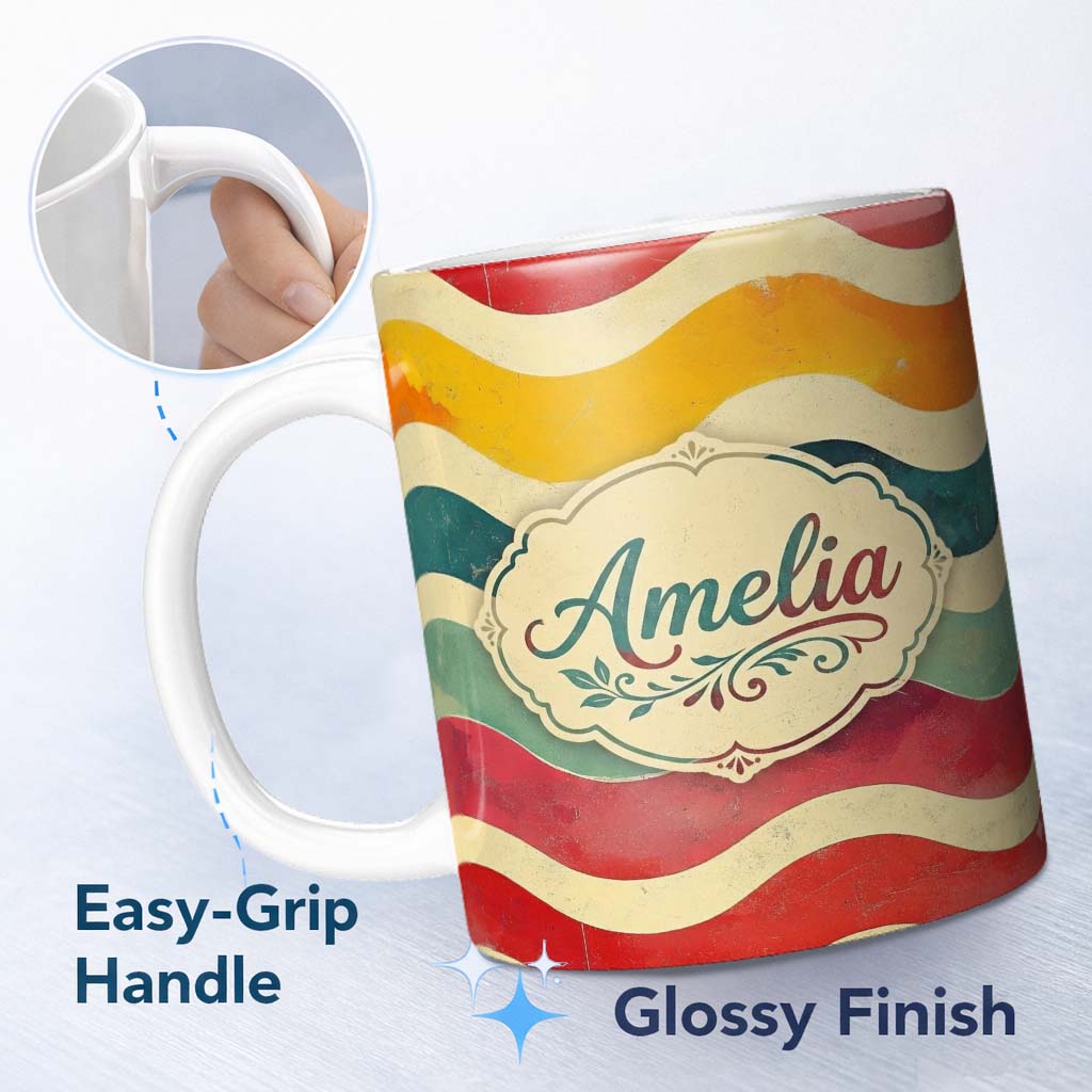 Personalized Custom Name Vintage Textured Wavy Stripe Pattern Seamless Custom Name Cute 11oz Ceramic Coffee Tea Mug White Large Handle