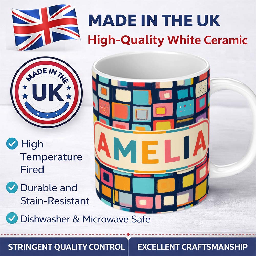 Personalized Custom Name Colorful Abstract Square Mosaic Pattern Seamless Name Cute Unique 11oz Ceramic Coffee Tea Mug White Large Handle