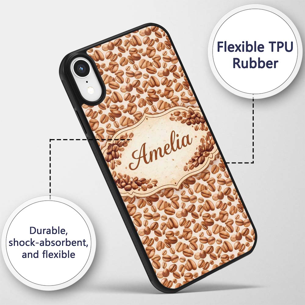 Vintage Coffee Beans and Leaves Beige Seamless Custom Name Protective Phone Case Mobile Cover Durable Everyday Smartphone Shock Resistant