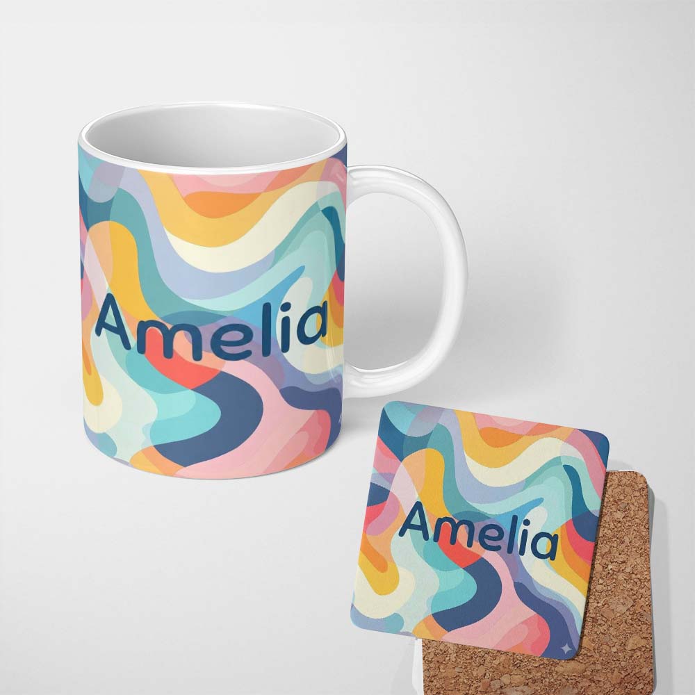 Personalized Custom Name Soft Abstract Fluid Shapes Pastel Pattern Seamless Name Cute Unique 11oz Ceramic Coffee Tea Mug White Large Handle