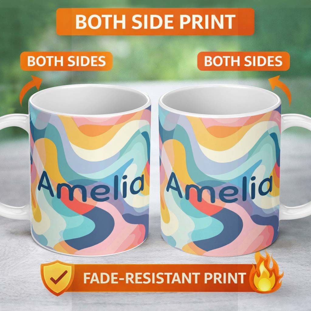 Personalized Custom Name Soft Abstract Fluid Shapes Pastel Pattern Seamless Name Cute Unique 11oz Ceramic Coffee Tea Mug White Large Handle