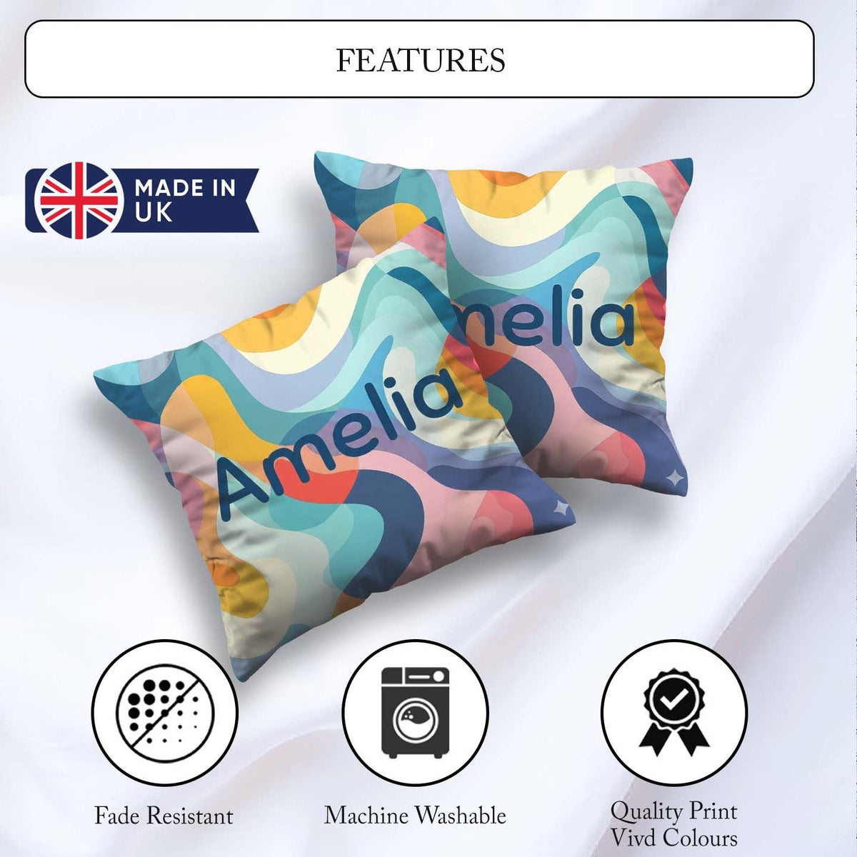 Custom Name Soft Abstract Fluid Shapes Pastel Seamless Name Cute Square Filled Cushion Throw Pillow Sofa Bed Home Decor Zip Washable UK Made