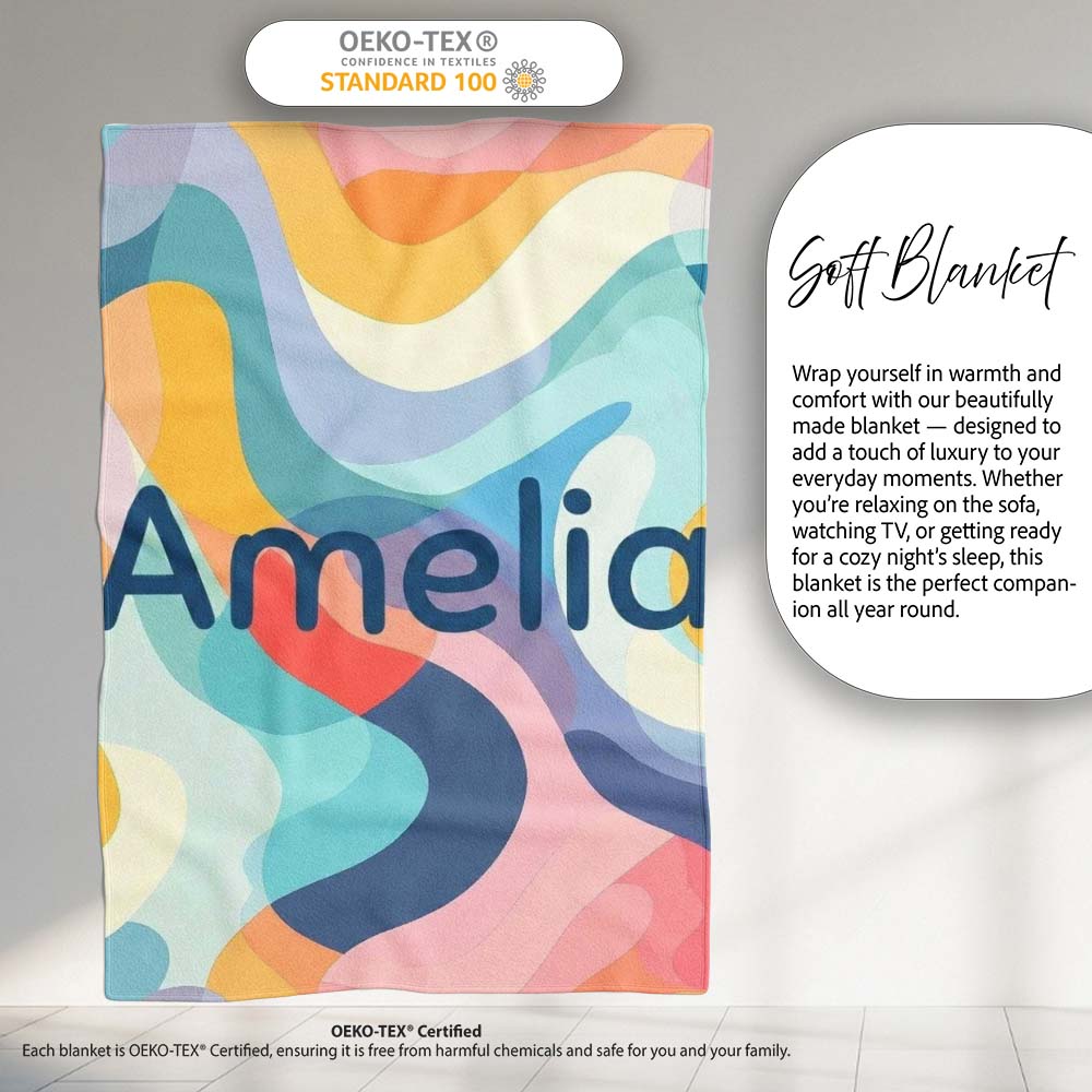 Soft Abstract Fluid Shapes Pastel Pattern Seamless Name Cute Unique Personalised Custom Name Super Soft Fleece Blanket Bed Sofa Throw