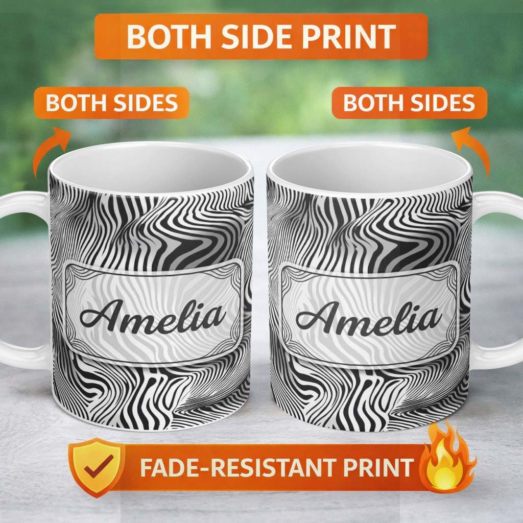 Personalized Custom Name Bold Black White Zebra Wave Pattern Seamless Name Cute Unique Gift 11oz Ceramic Coffee Tea Mug White Large Handle