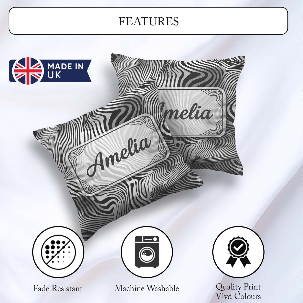 Custom Name Bold Black White Zebra Wave Pattern Seamless Name Square Filled Cushion Throw Pillow Sofa Bed Home Decor Zip Washable UK Made