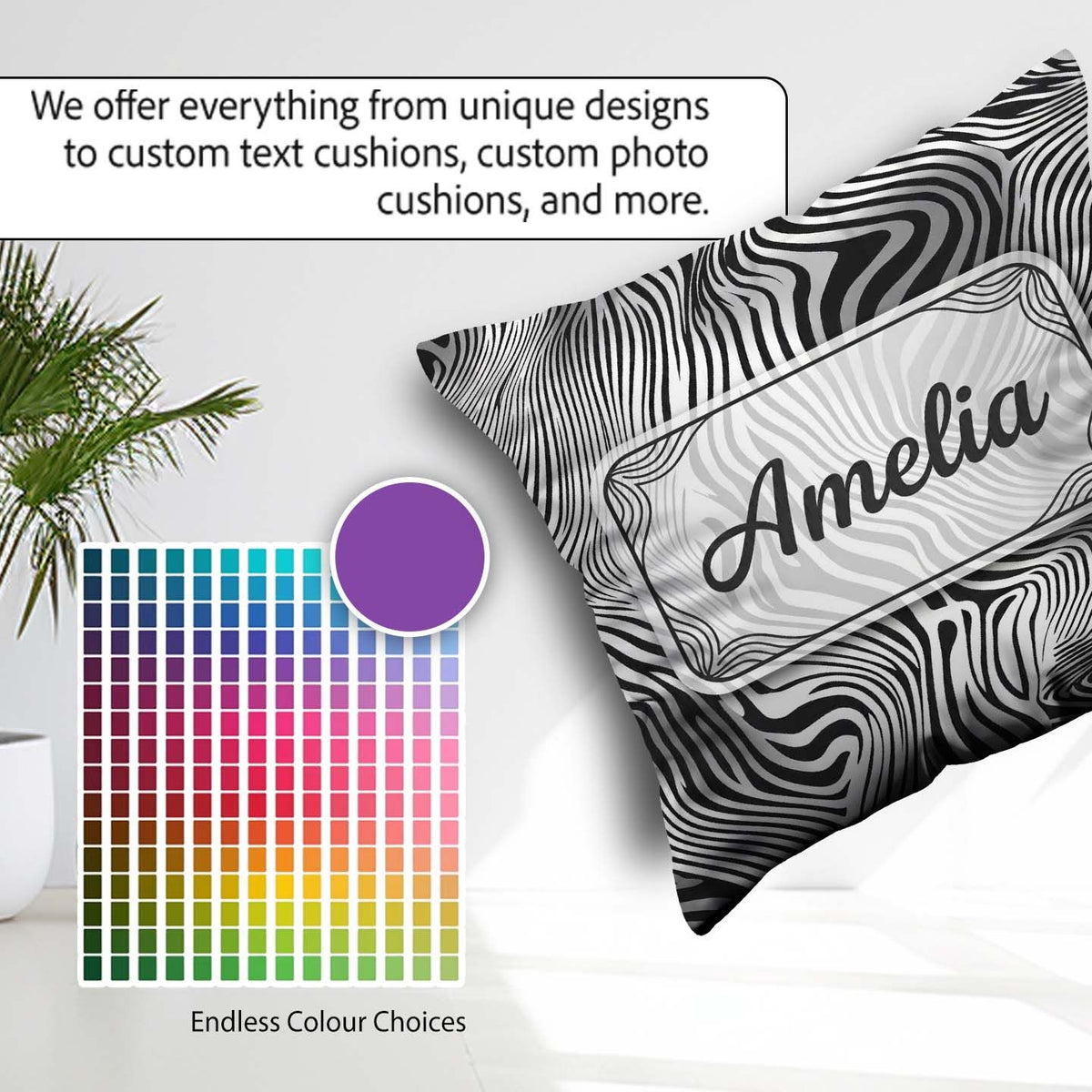 Custom Name Bold Black White Zebra Wave Pattern Seamless Name Square Filled Cushion Throw Pillow Sofa Bed Home Decor Zip Washable UK Made