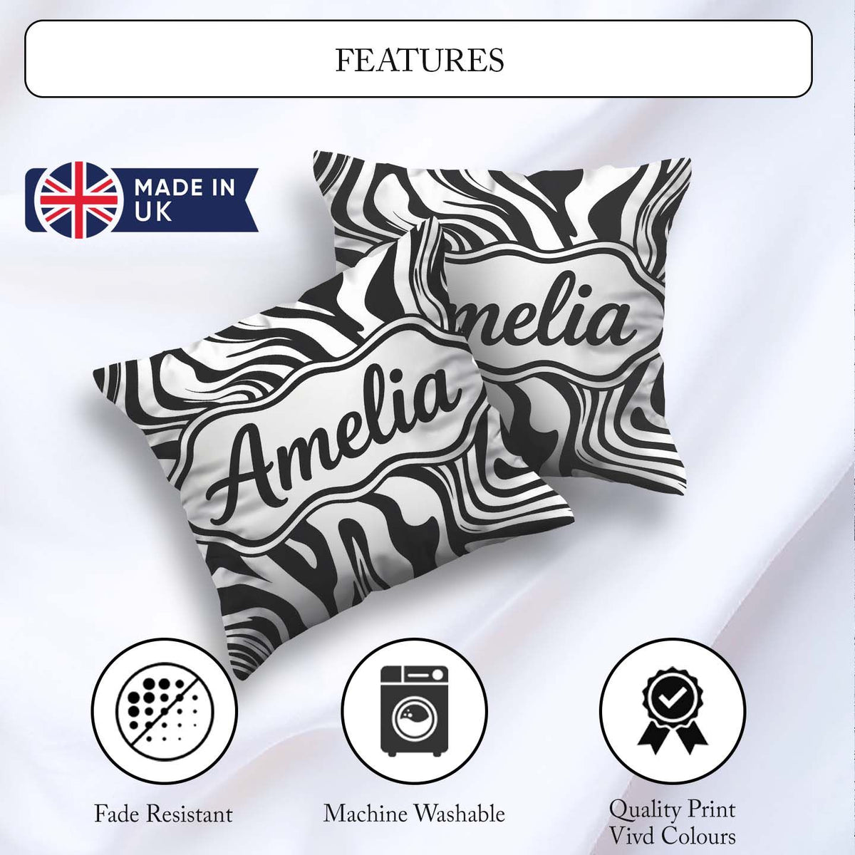Custom Name Abstract Black White Fluid Swirl Seamless Name Cute Square Filled Cushion Throw Pillow Sofa Bed Home Decor Zip Washable UK Made