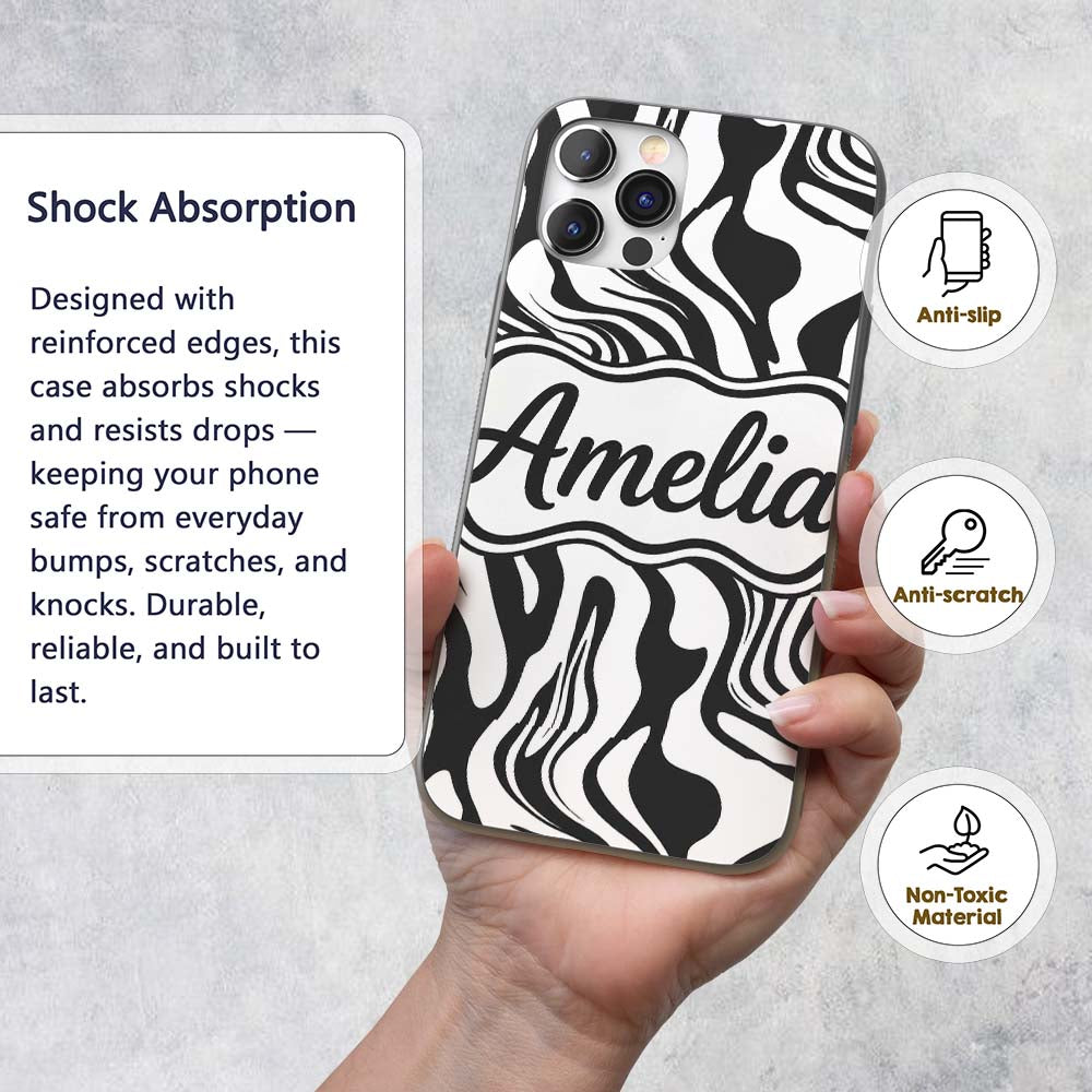 Abstract Black White Fluid Swirl Pattern Seamless Custom Name Protective Phone Case Mobile Cover Durable Everyday Smartphone Shock Resistant