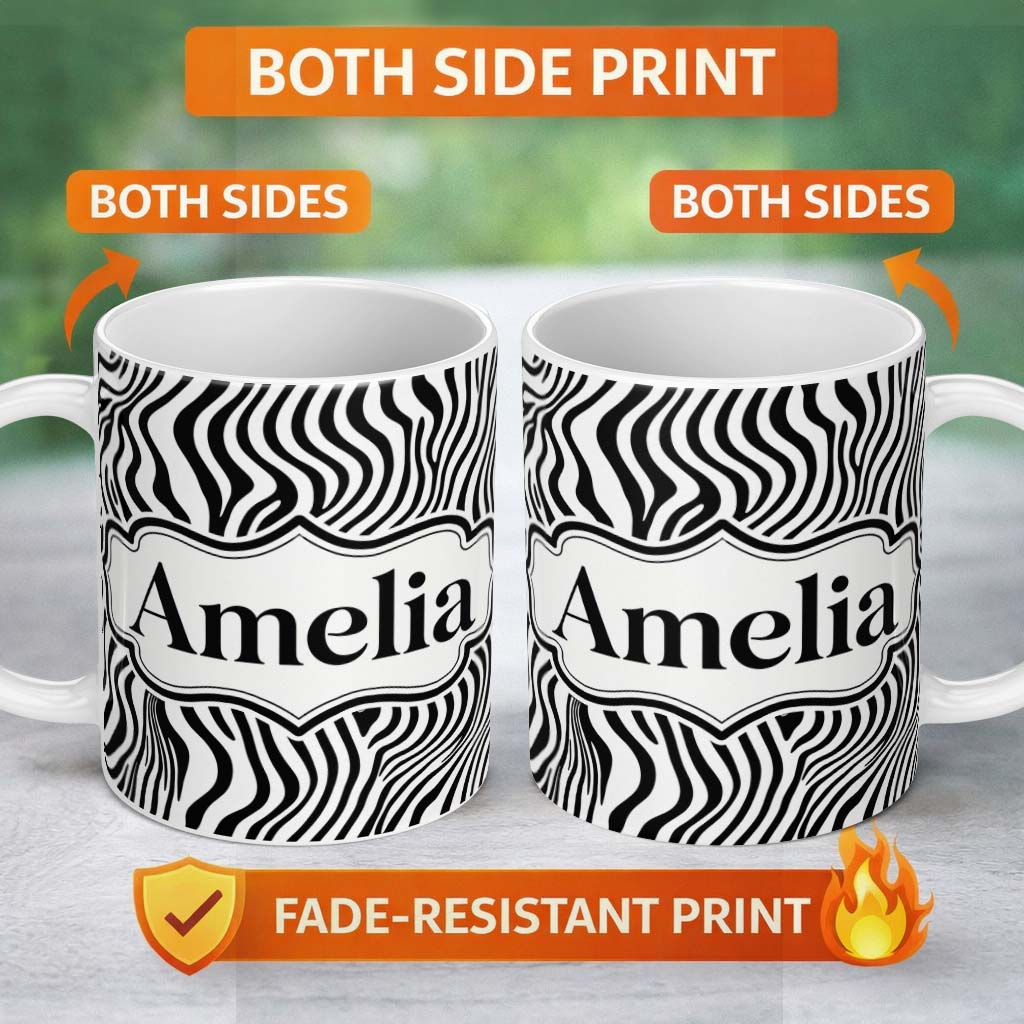 Personalized Custom Name Minimal Black White Wavy Line Pattern Seamless Name Cute Unique Gift 11oz Ceramic Coffee Tea Mug White Large Handle