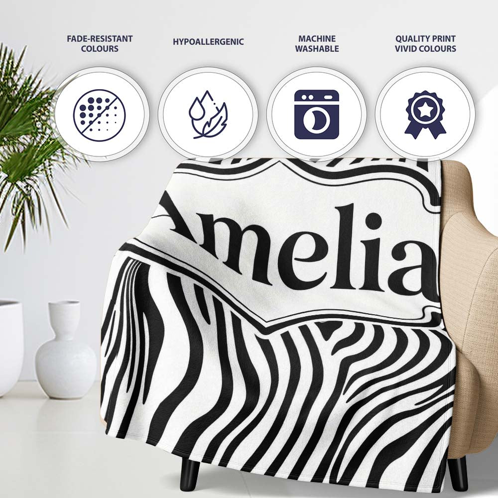 Minimal Black White Wavy Line Pattern Seamless Name Cute Unique Gift Personalised Custom Name Super Soft Fleece Blanket Bed Sofa Throw