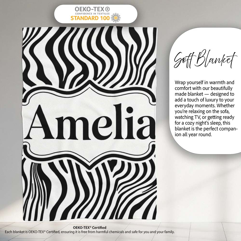 Minimal Black White Wavy Line Pattern Seamless Name Cute Unique Gift Personalised Custom Name Super Soft Fleece Blanket Bed Sofa Throw