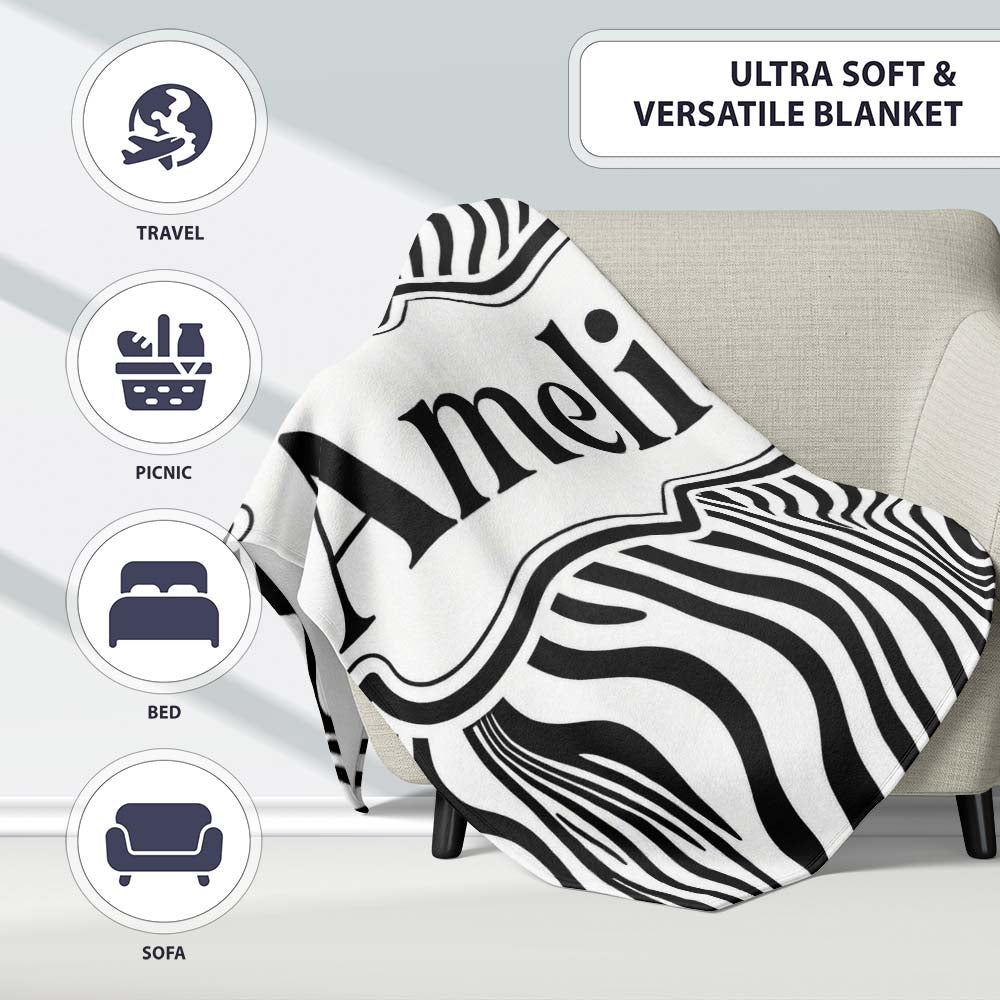 Minimal Black White Wavy Line Pattern Seamless Name Cute Unique Gift Personalised Custom Name Super Soft Fleece Blanket Bed Sofa Throw