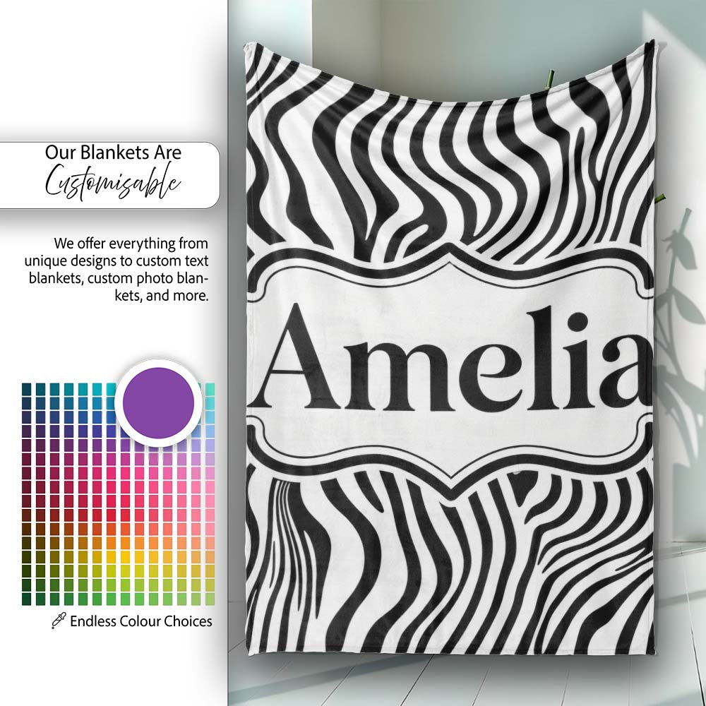Minimal Black White Wavy Line Pattern Seamless Name Cute Unique Gift Personalised Custom Name Super Soft Fleece Blanket Bed Sofa Throw