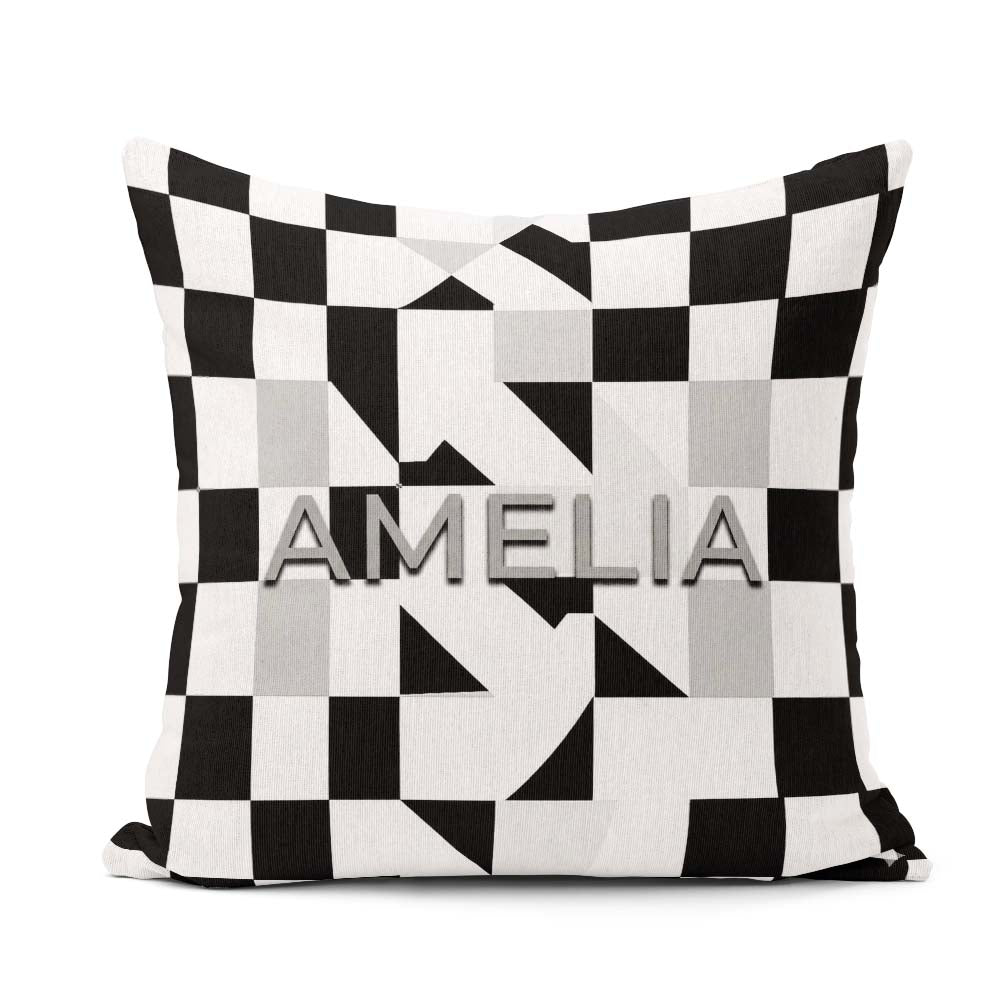 Custom Name Modern Black White Distorted Check Pattern Name Cute Square Filled Cushion Throw Pillow Sofa Bed Home Decor Zip Washable UK Made