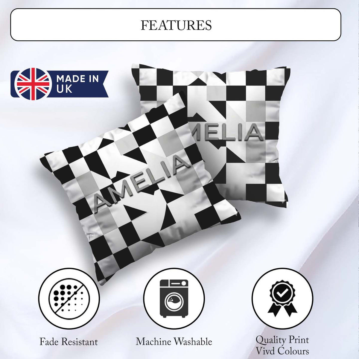 Custom Name Modern Black White Distorted Check Pattern Name Cute Square Filled Cushion Throw Pillow Sofa Bed Home Decor Zip Washable UK Made