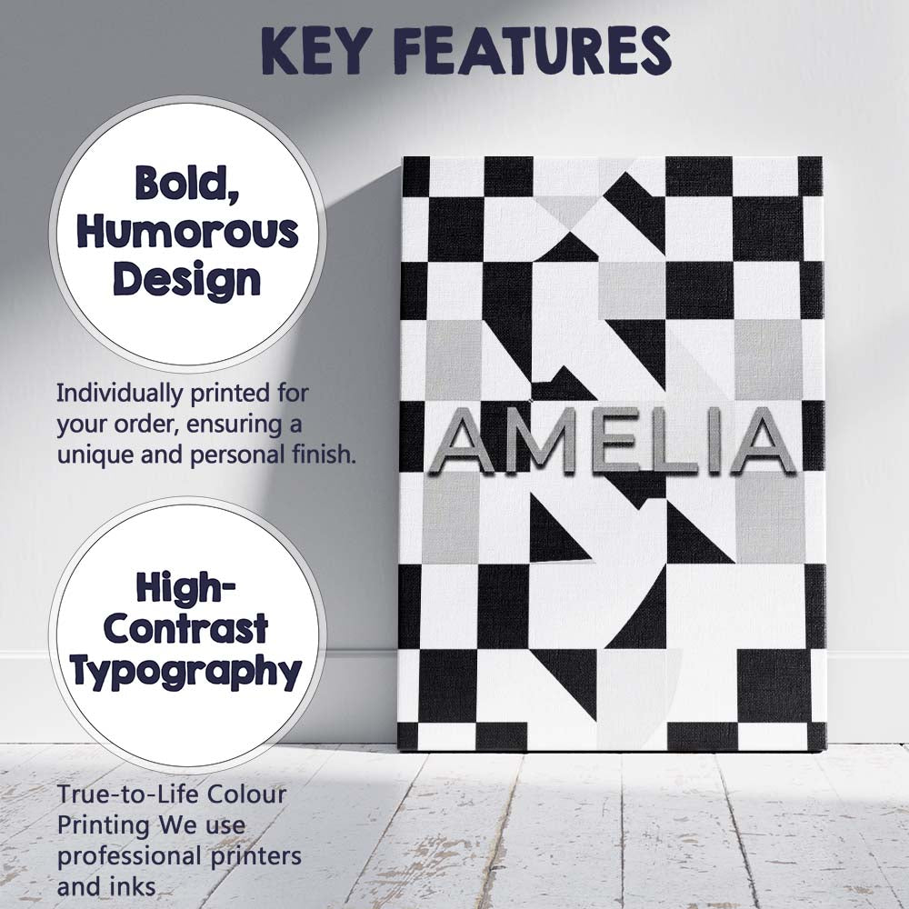 Personalised Name Modern Black White Custom Contemporary Display Creative Decorator Style Canvas Wall Art Print Decor Picture Ready to Hang