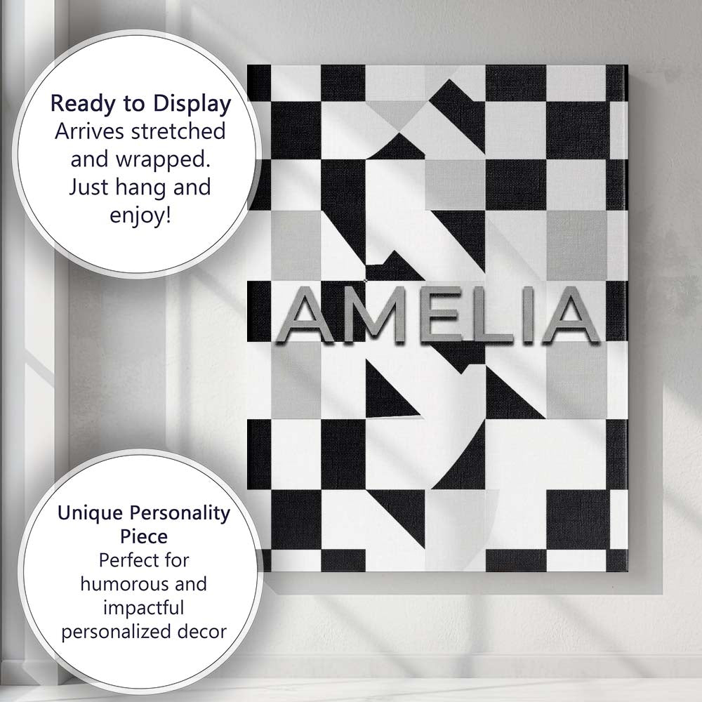 Personalised Name Modern Black White Custom Contemporary Display Creative Decorator Style Canvas Wall Art Print Decor Picture Ready to Hang
