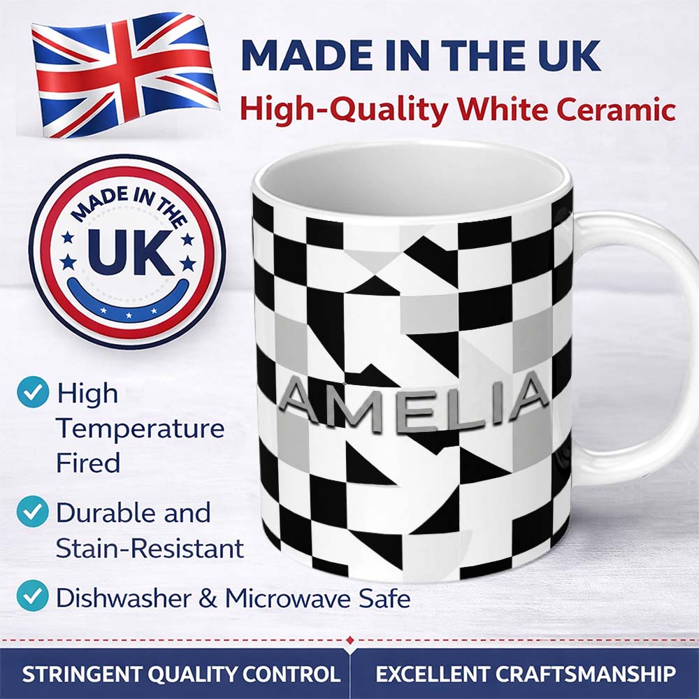 Personalized Custom Name Modern Black White Distorted Check Pattern Seamless Name Cute 11oz Ceramic Coffee Tea Mug White Large Handle