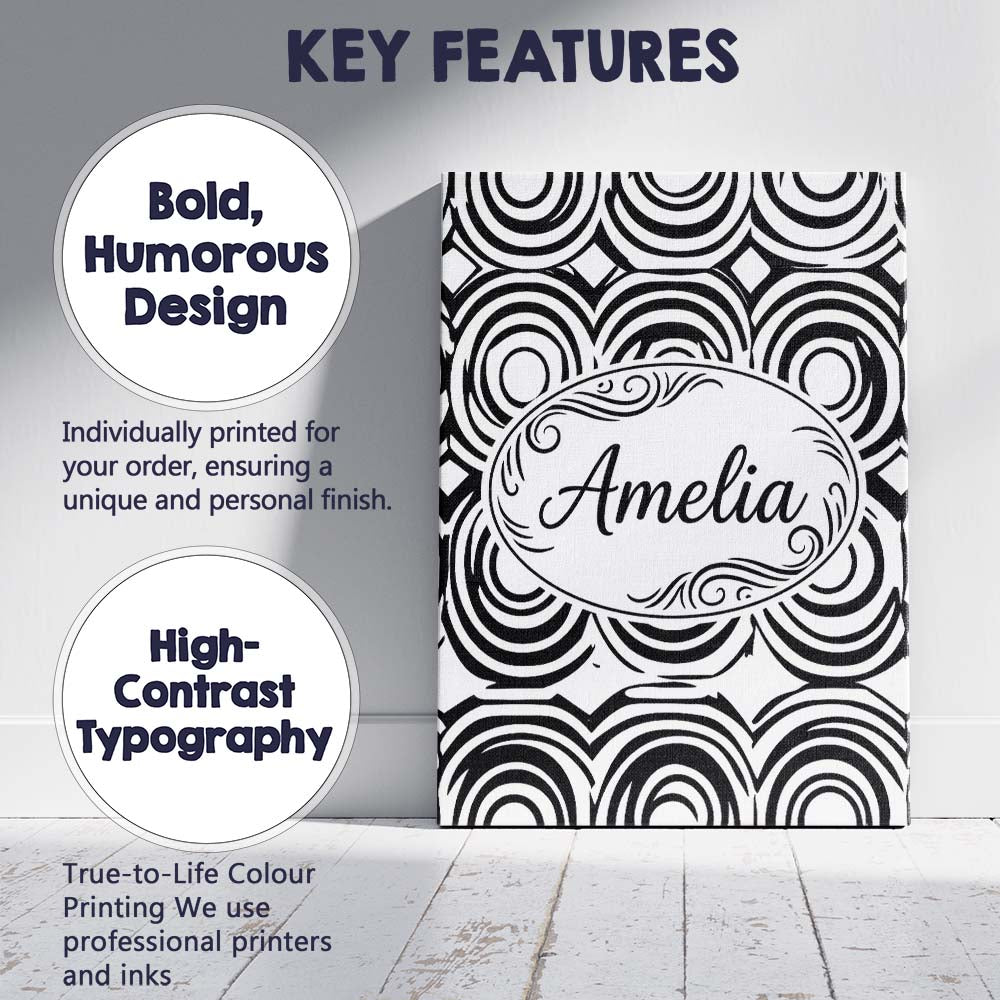 Personalised Name Geometric Black White Custom Modern Room Accent Elegant Feature Canvas Wall Art Print Decor Picture Ready to Hang