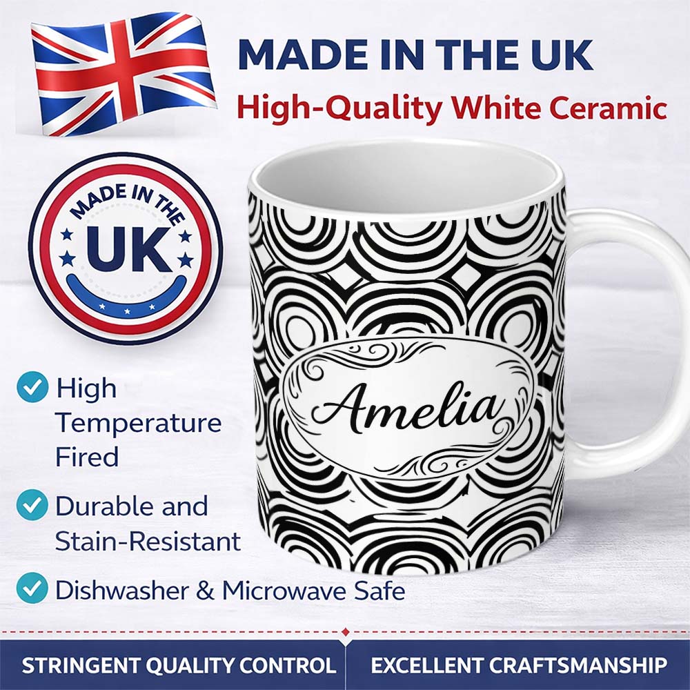 Personalized Custom Name Geometric Black White Circle Motif Pattern Seamless Name Cute 11oz Ceramic Coffee Tea Mug White Large Handle