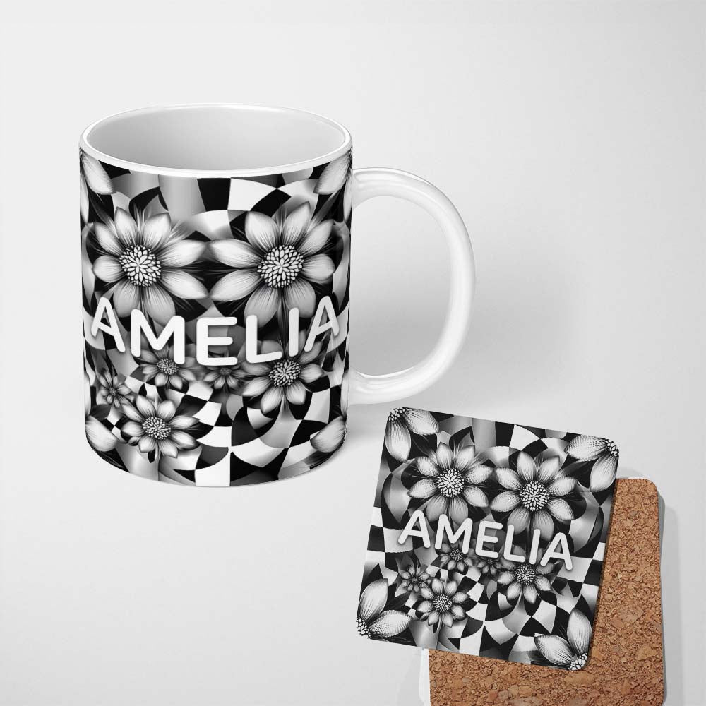 Personalized Custom Name Black White Floral Abstract Checkered Background Seamless Pattern 11oz Ceramic Coffee Tea Mug White Large Handle