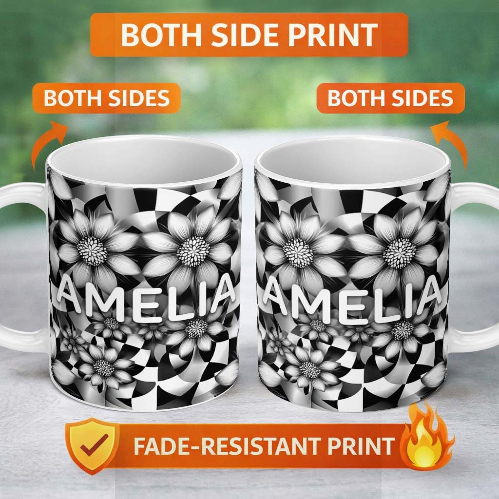 Personalized Custom Name Black White Floral Abstract Checkered Background Seamless Pattern 11oz Ceramic Coffee Tea Mug White Large Handle