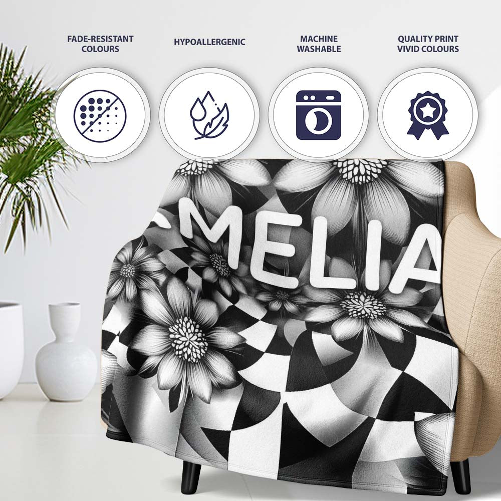 Black White Floral Abstract Checkered Background Seamless Pattern Personalised Custom Name Super Soft Fleece Blanket Bed Sofa Throw