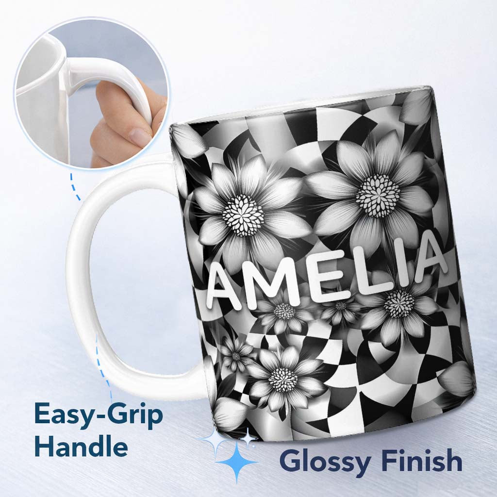 Personalized Custom Name Black White Floral Abstract Checkered Background Seamless Pattern 11oz Ceramic Coffee Tea Mug White Large Handle