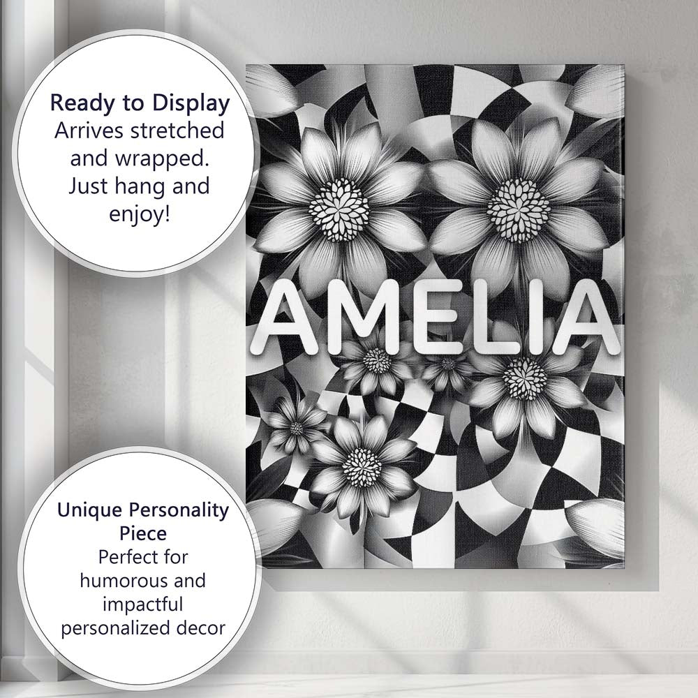 Personalised Name Black White Floral Custom Premium Decorative Design Modern Room Accent Canvas Wall Art Print Decor Picture Ready to Hang