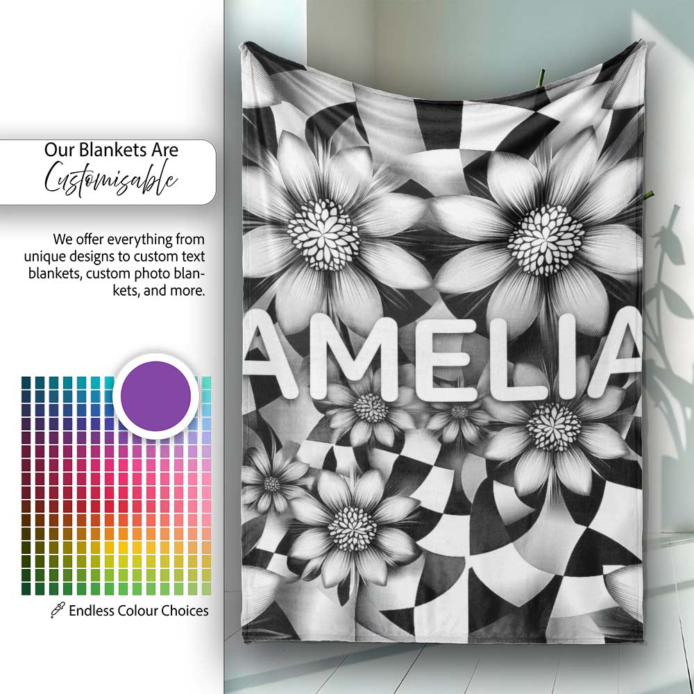 Black White Floral Abstract Checkered Background Seamless Pattern Personalised Custom Name Super Soft Fleece Blanket Bed Sofa Throw