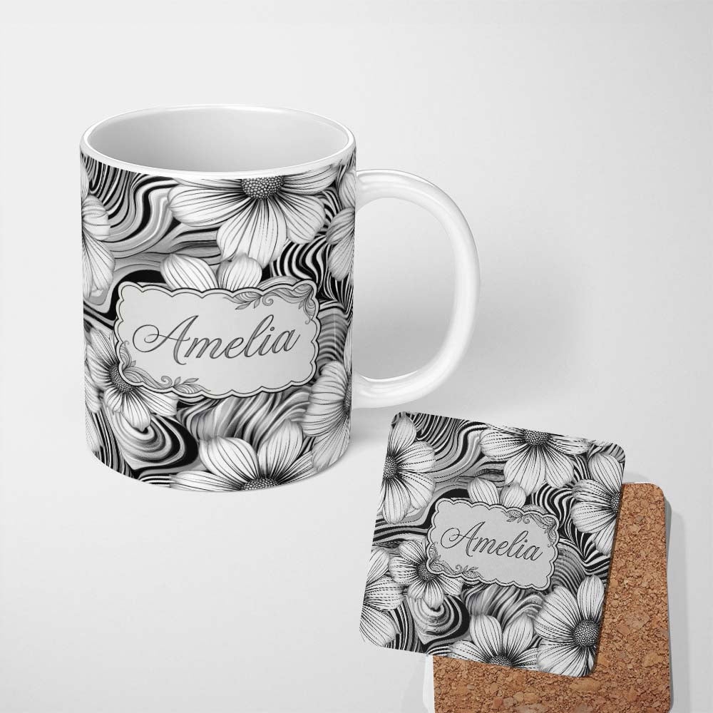 Personalized Custom Name Black White Floral Swirl Line Art Seamless Pattern Name Cute Unique 11oz Ceramic Coffee Tea Mug White Large Handle