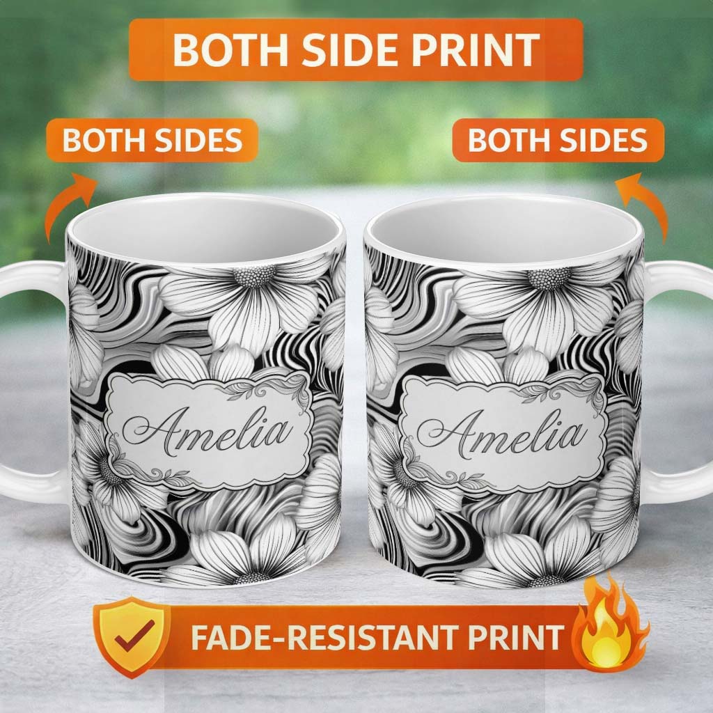 Personalized Custom Name Black White Floral Swirl Line Art Seamless Pattern Name Cute Unique 11oz Ceramic Coffee Tea Mug White Large Handle