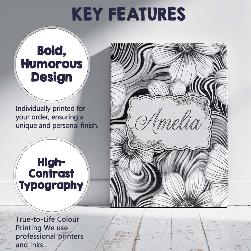 Personalised Name Black White Floral Swirl Custom Unique Gift Idea Elegant Feature Canvas Wall Art Print Decor Picture Ready to Hang