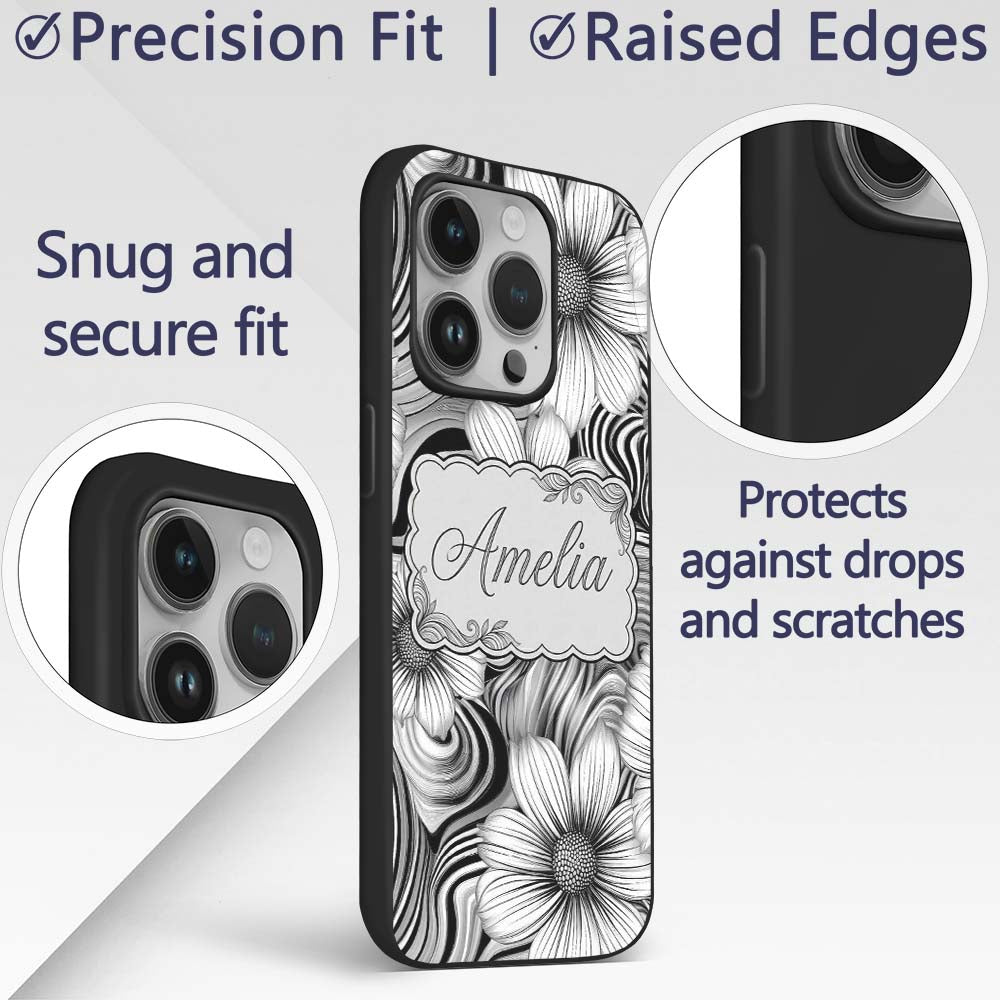 Black White Floral Swirl Line Art Printed Design Custom Name Protective Phone Case Mobile Cover Durable Everyday Smartphone Shock Resistant