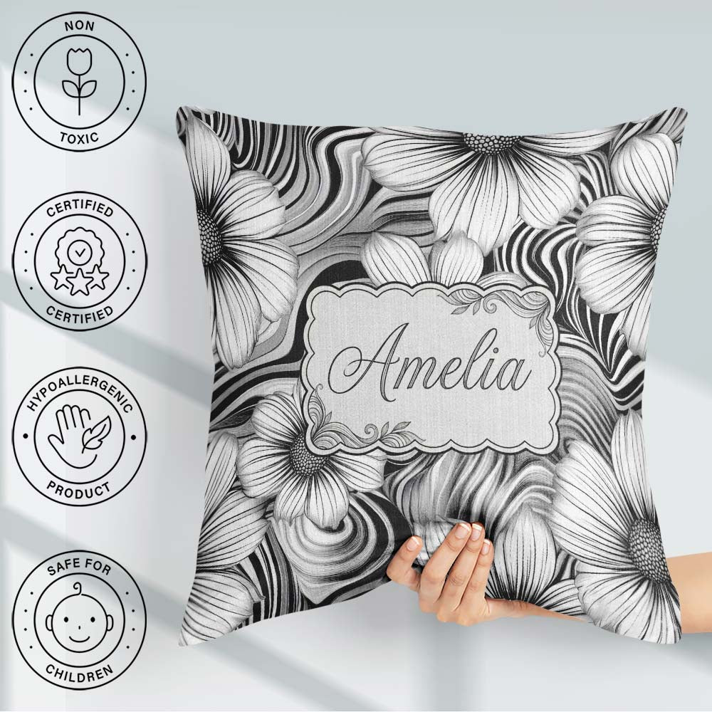 Custom Name Black White Floral Swirl Line Art Seamless Name Cute Square Filled Cushion Throw Pillow Sofa Bed Home Decor Zip Washable UK Made
