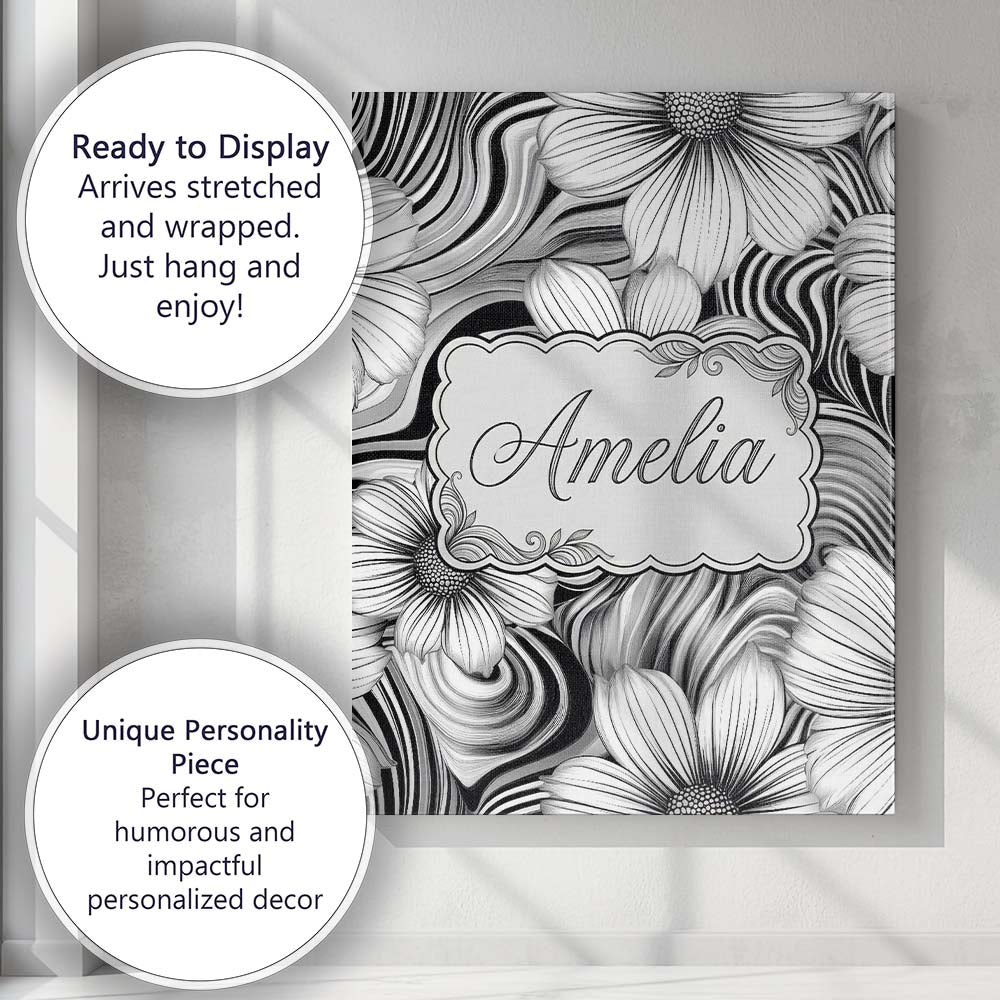 Personalised Name Black White Floral Swirl Custom Unique Gift Idea Elegant Feature Canvas Wall Art Print Decor Picture Ready to Hang