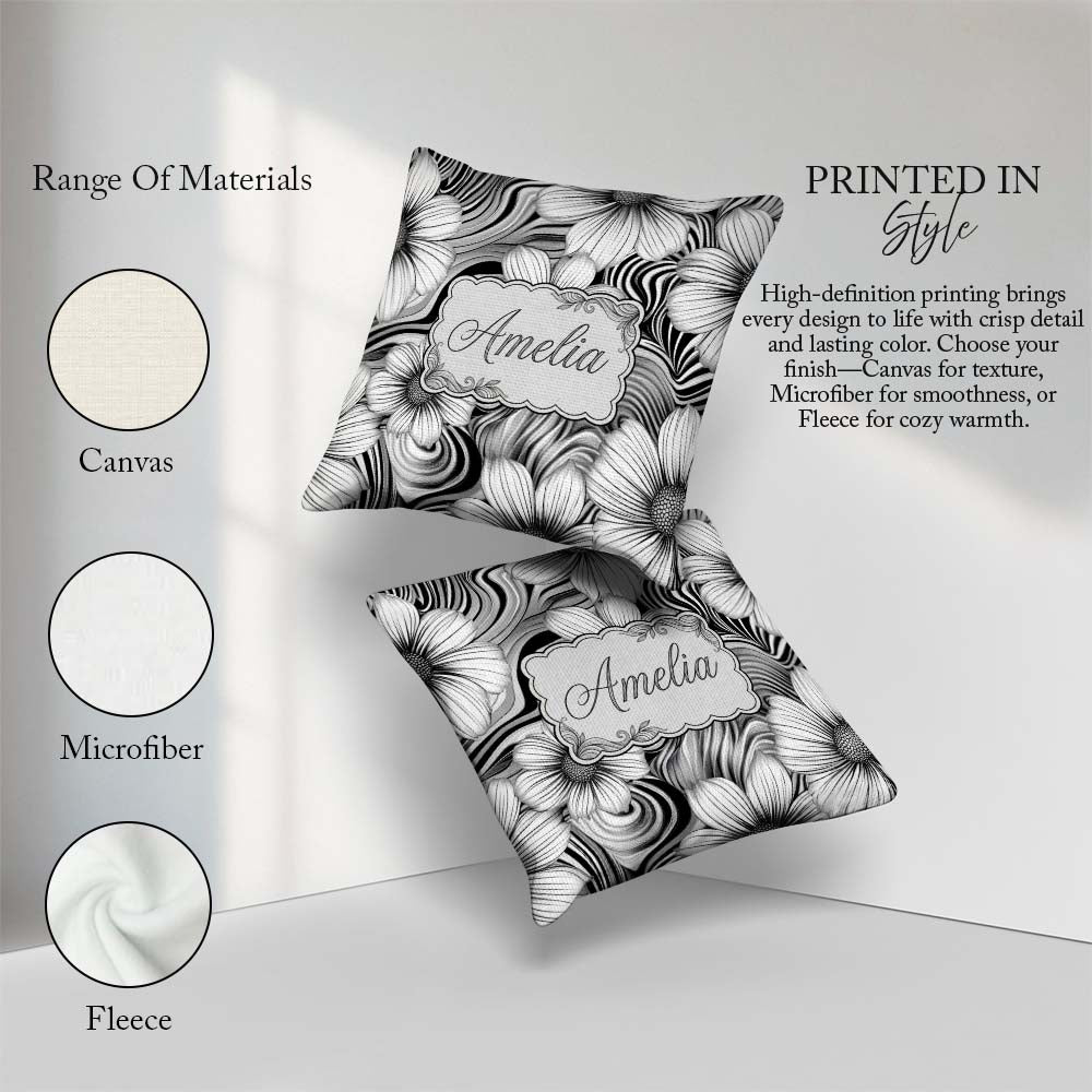 Custom Name Black White Floral Swirl Line Art Seamless Name Cute Square Filled Cushion Throw Pillow Sofa Bed Home Decor Zip Washable UK Made