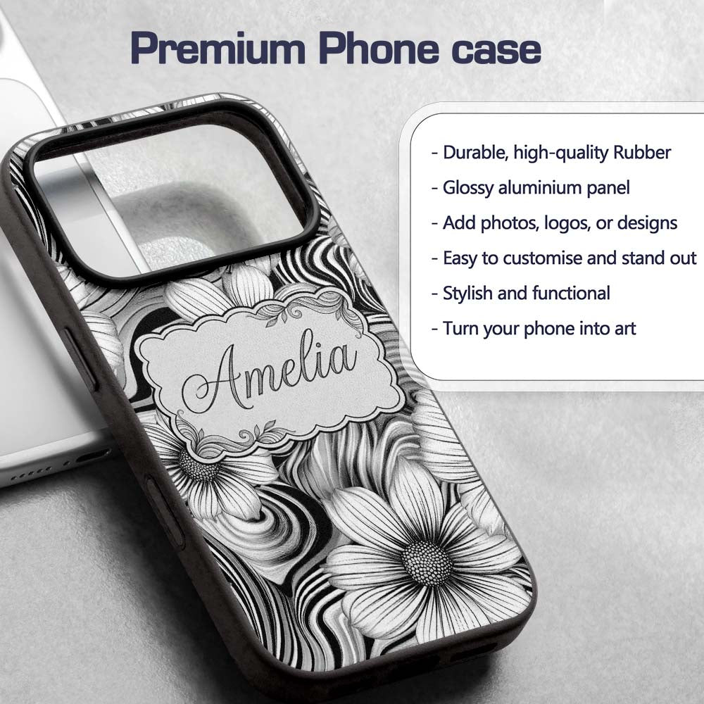 Black White Floral Swirl Line Art Printed Design Custom Name Protective Phone Case Mobile Cover Durable Everyday Smartphone Shock Resistant