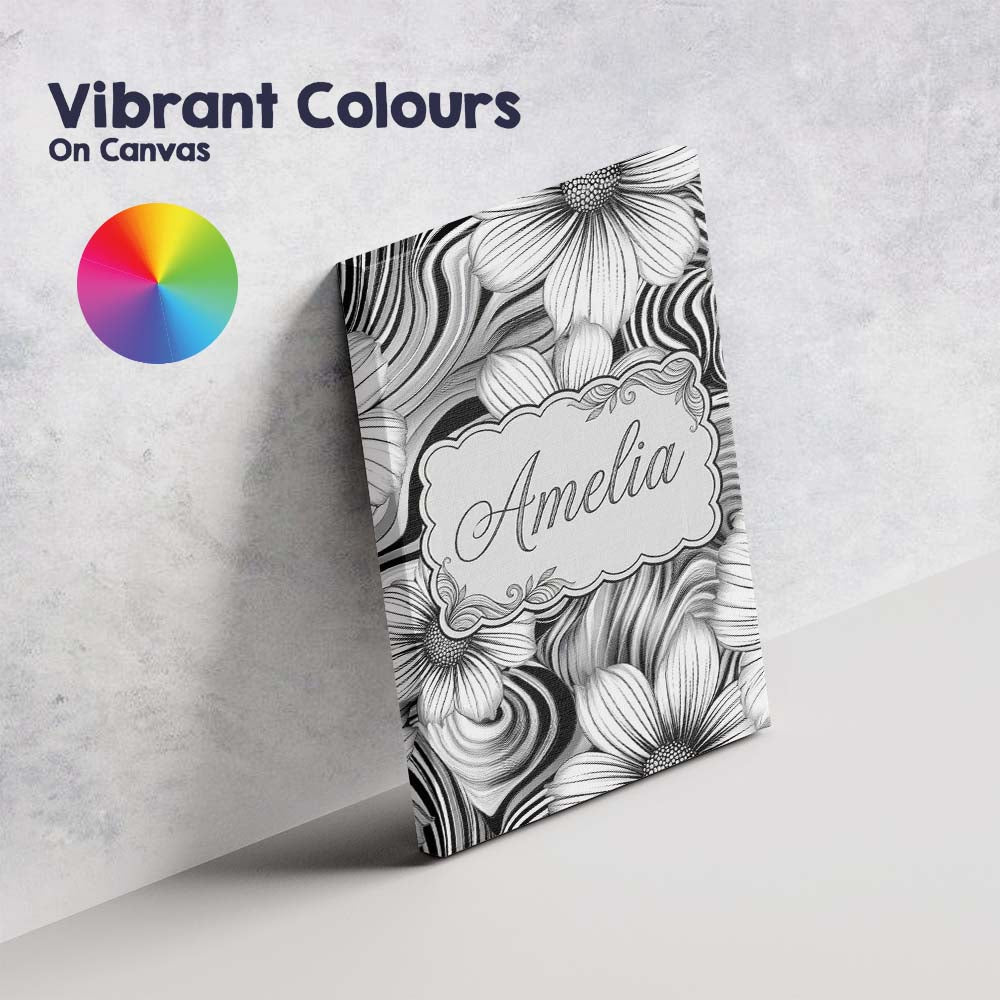 Personalised Name Black White Floral Swirl Custom Unique Gift Idea Elegant Feature Canvas Wall Art Print Decor Picture Ready to Hang