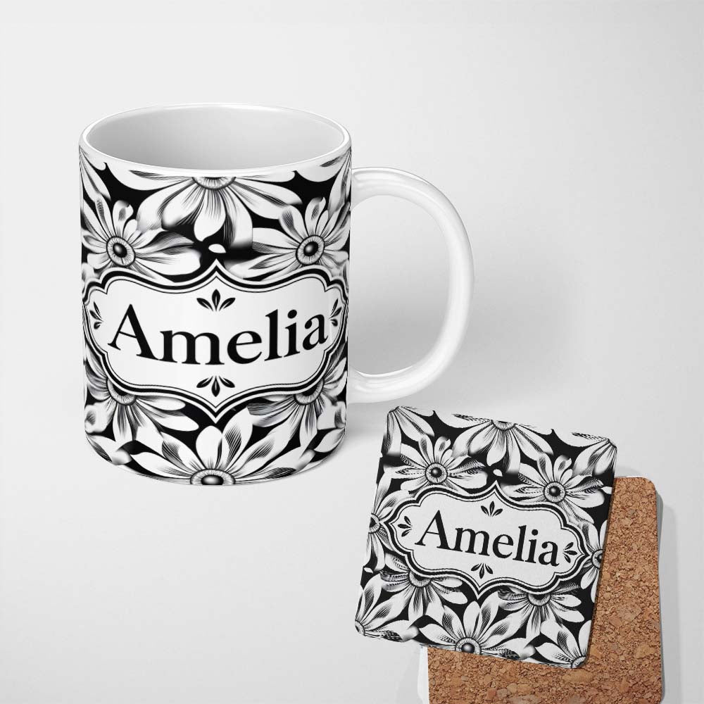 Personalized Custom Name Black White Bold Floral Graphic Seamless Pattern Name Cute Unique 11oz Ceramic Coffee Tea Mug White Large Handle