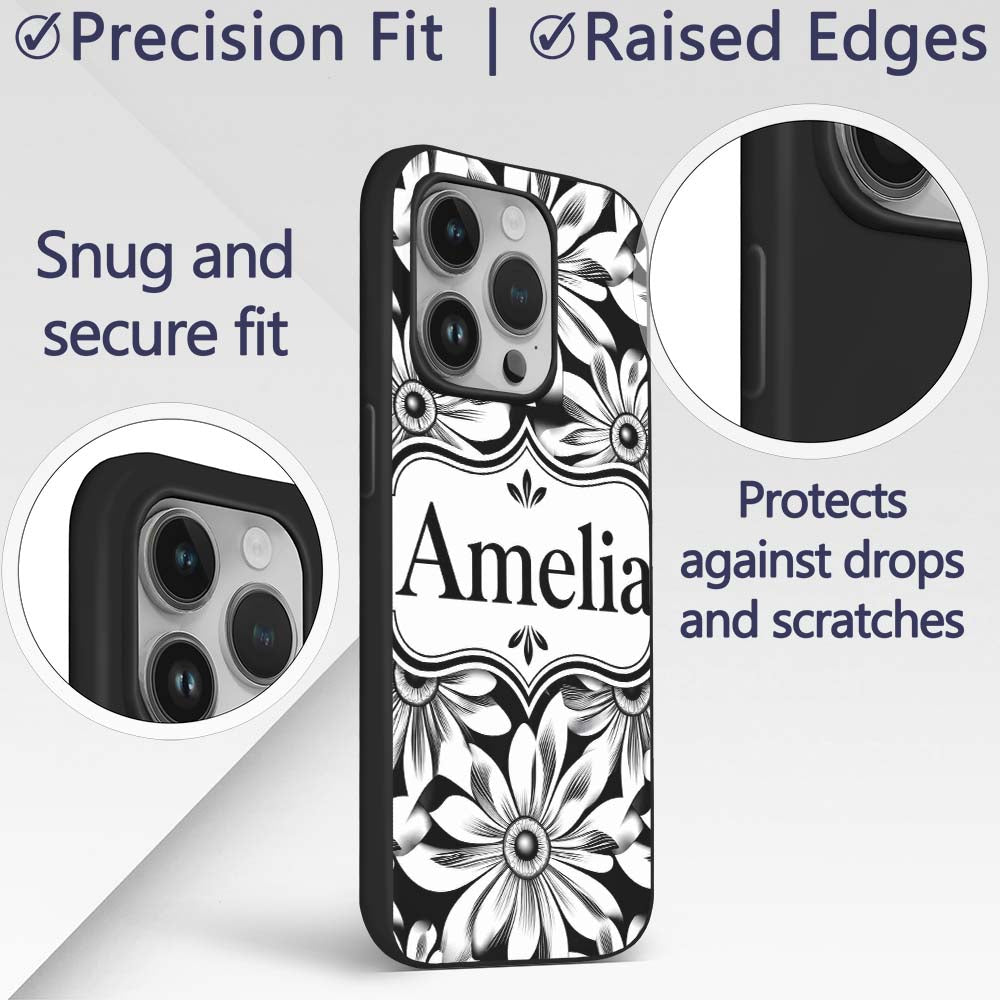Black White Bold Floral Graphic Seamless Pattern Custom Name Protective Phone Case Mobile Cover Durable Everyday Smartphone Shock Resistant