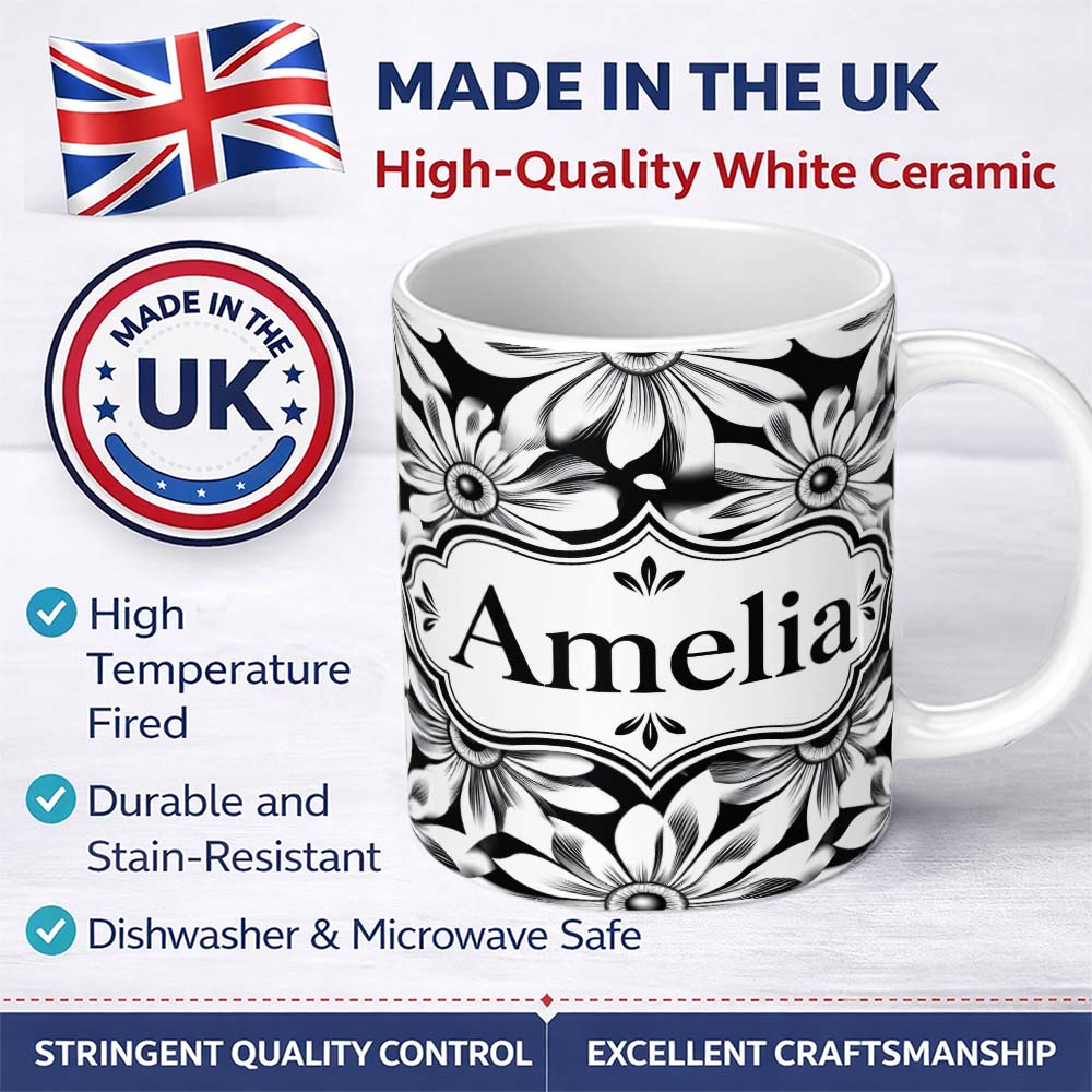Personalized Custom Name Black White Bold Floral Graphic Seamless Pattern Name Cute Unique 11oz Ceramic Coffee Tea Mug White Large Handle