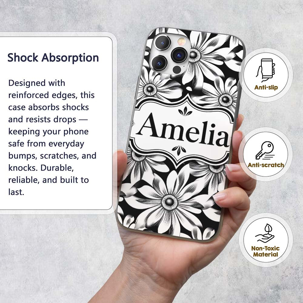 Black White Bold Floral Graphic Seamless Pattern Custom Name Protective Phone Case Mobile Cover Durable Everyday Smartphone Shock Resistant